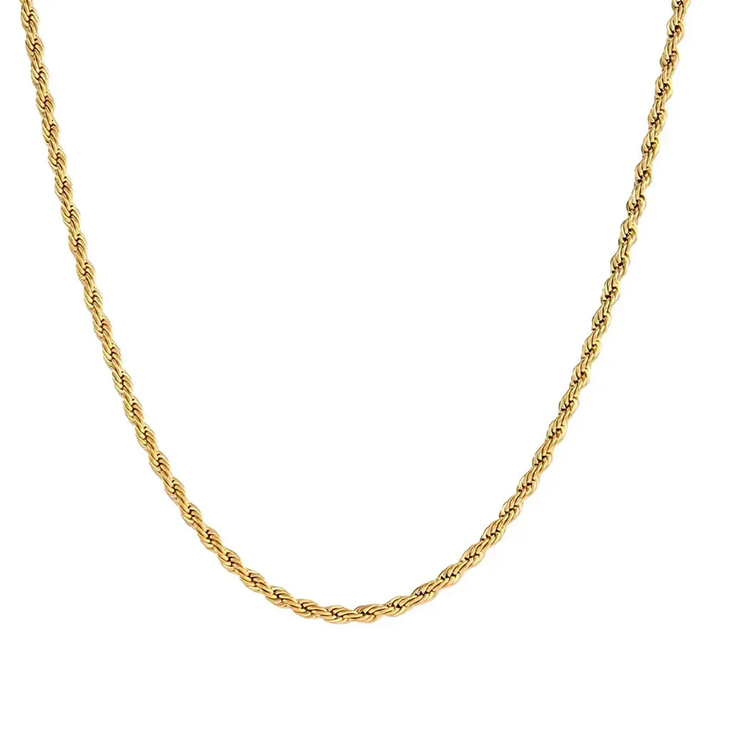 Macro detail of 3mm gold rope chain mens showing twisted spiral weave