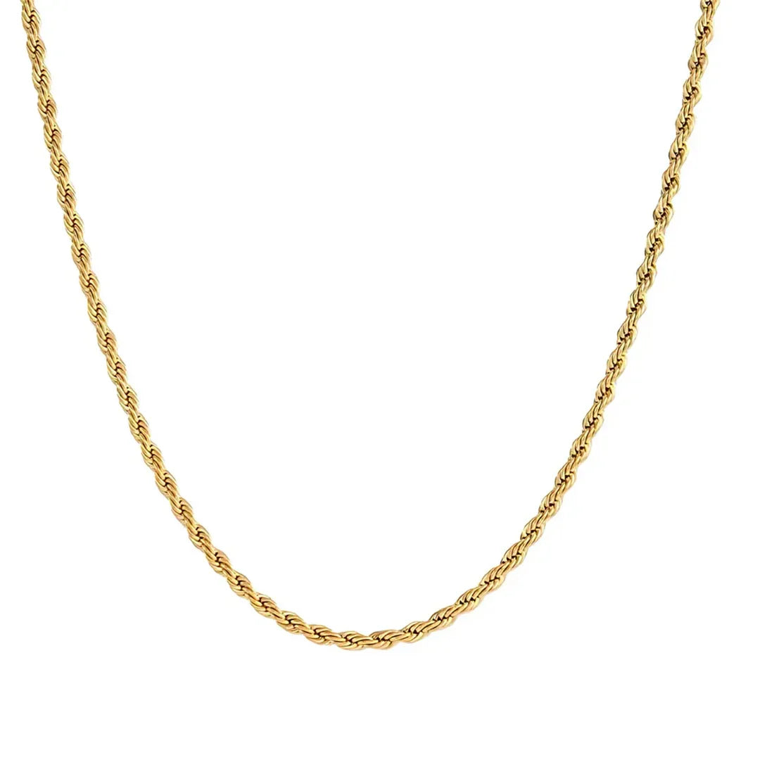 Macro detail of 3mm gold rope chain mens showing twisted spiral weave