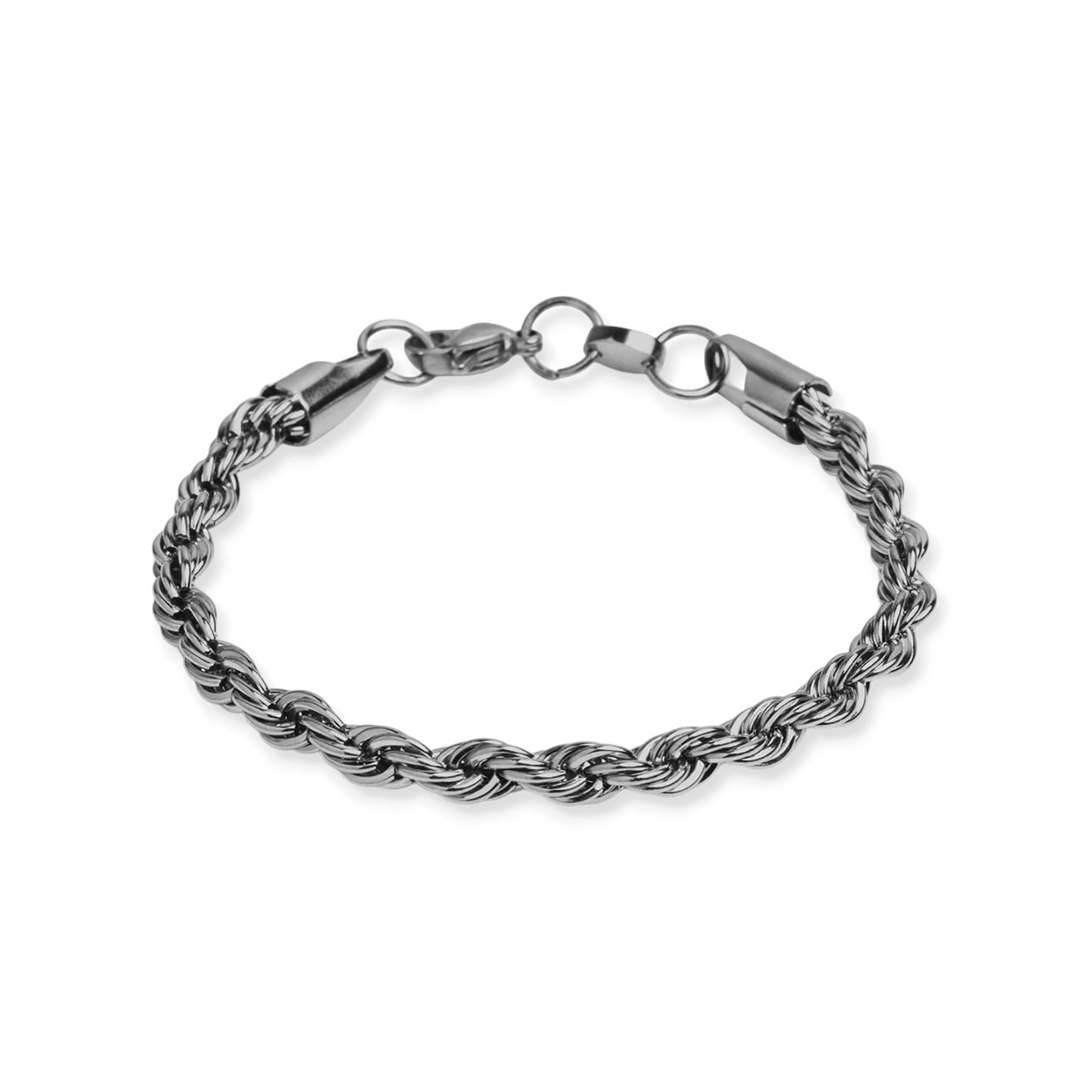 Macro detail of twisted rope chain bracelet showing heavy duty lobster clasp