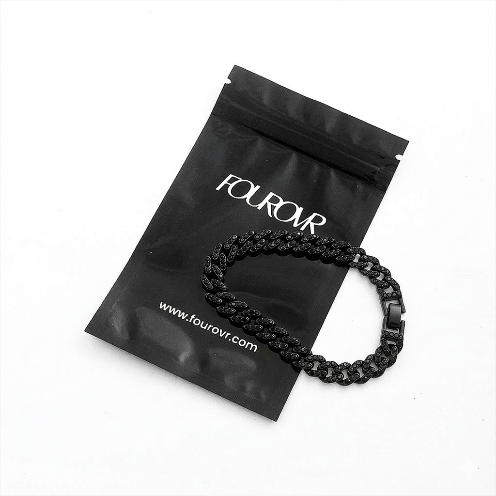 Man wearing stainless steel black cuban bracelet mens streetwear style