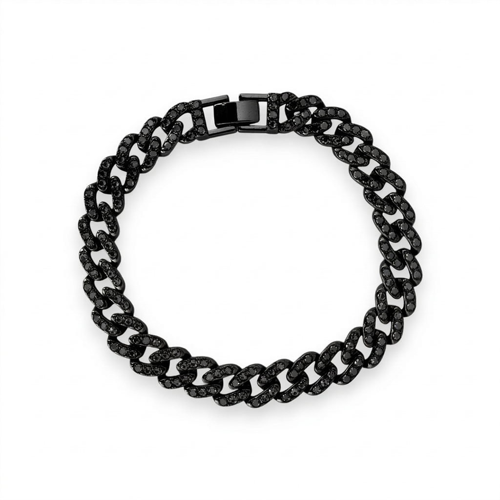 Macro detail of black diamond cuban link bracelet showing handset stones