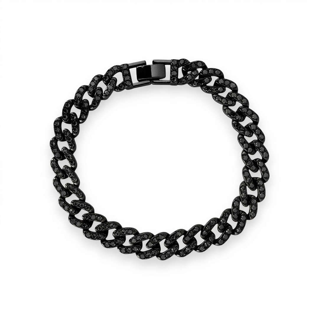 Macro detail of black diamond cuban link bracelet showing handset stones